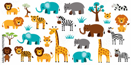 Colorful cartoon illustration featuring various african animals and lush greenery