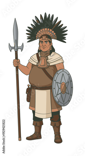 Indigenous warrior holding spear and shield with feathered headdress  