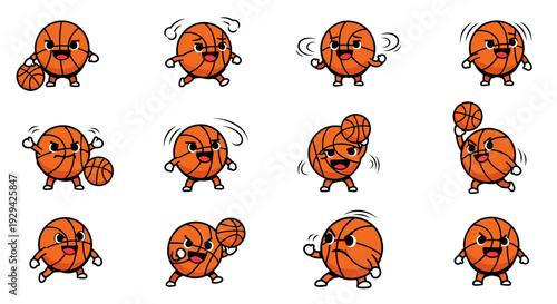 Cartoon basketball characters displaying various playful actions  