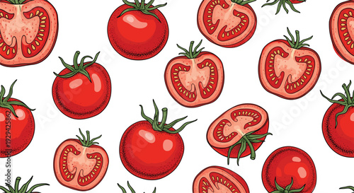 Fresh Red Tomatoes and Sliced Tomato Pattern, Detailed Food Illustration