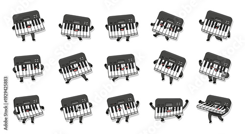 Cartoon keyboard instruments arranged in a playful pattern  