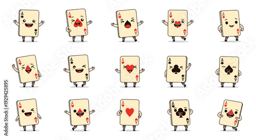 Cartoon playing cards with smiling faces and different suits  
