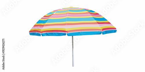 A colorful beach umbrella with vibrant stripes isolated on a white background