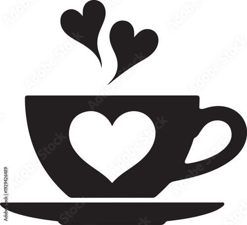 Black silhouette teacup with heart cutout and steam hearts