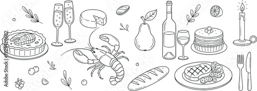 Black and white gourmet illustration featuring lobster, tart, bread, pear, pancakes, steak, champagne, wine, cheese, candle, herbs, and citrus, symbolizing fine dining, luxury cuisine, and 