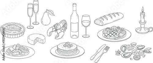 Black and white gourmet illustration featuring seafood, champagne, wine, cheese, bread, tart, pancakes, vegetables, and candle, representing fine dining, luxury cuisine, and celebratory meal artwork