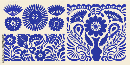 A collection of ornate symmetrical blue and white floral and botanical motifs