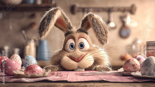 Ein lustiger Osterhase schaut über einen Tisch mit bunten Ostereiern.