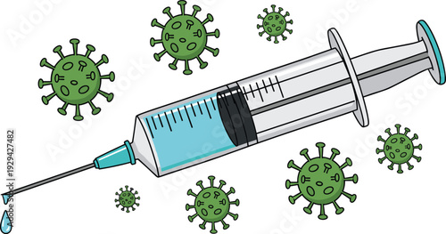 Medical Syringe with Blue Vaccine and Coronavirus Particles Pandemic Immunization Healthcare Vector Illustration Concept Design