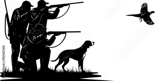 Hunters with dog aiming with rifle on pheasant. Outdoor hunting scene. Vector silhouette hunting isolated on white background