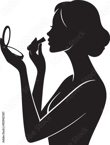 Woman applying lipstick in front of a mirror makeup