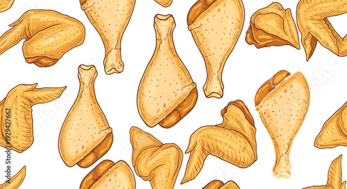 Delicious Fried Chicken Drumsticks and Wings Pattern, Tasty Food Illustration