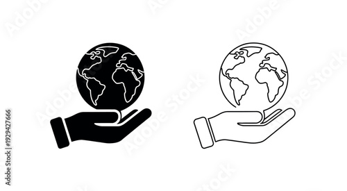 Hand Holding Earth Icon Set, Solid Black and Outline Vector Illustration