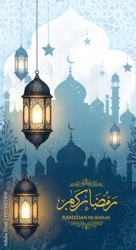Beautiful lanterns hanging in front of a mosque silhouette during ramadan.