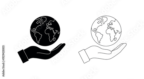 Ecology and Global Responsibility Set, Professional Vector Graphics of a Hand Holding the Earth in Solid Black and Line Art Styles