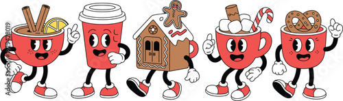 Cute hot chocolate characters illustration, cartoon coffee cups gingerbread house marshmallow candy winter mascot set isolated on white background