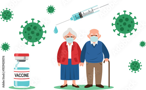 Elderly Couple Wearing Masks with Vaccine Bottle Syringe and Coronavirus Icons Immunization Healthcare Vector Illustration Concept