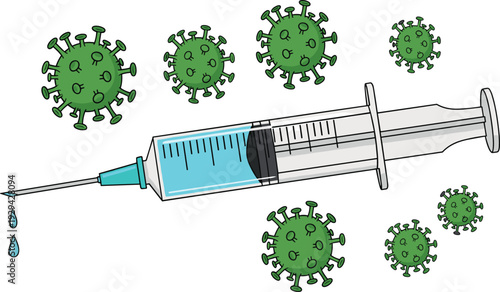 Medical Syringe with Vaccine Injection and Coronavirus Cells Pandemic Immunization Concept Vector Illustration Design