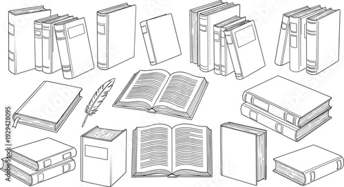 Books Collection with Open and Closed Books, Book Covers, and Feather Quill, Vintage Line Art Illustration