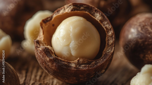 Macro shot of a cracked macadamia nut revealing the creamy white kernel inside, perfect for food and healthy lifestyle concepts.