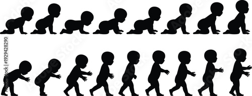 Baby development silhouettes, crawling and walking stages, childhood growth vector, infant motor skills illustration, early milestone design, black progression concept