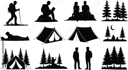 Camping and outdoor silhouettes illustration set, hiking nature vector artwork, forest lifestyle design graphics, adventure icons collection, wilderness symbol