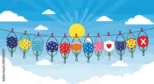 Colorful Reusable Face Masks Hanging on String Under Sunny Sky Coronavirus Protection Concept Vector Illustration Design