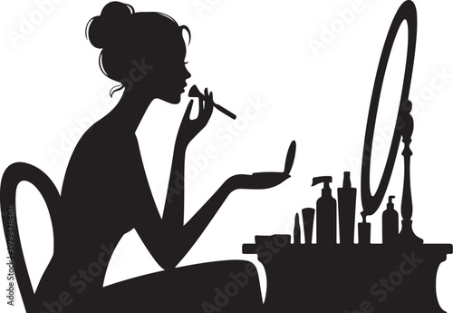 Woman applying makeup in front of mirror with cosmetics