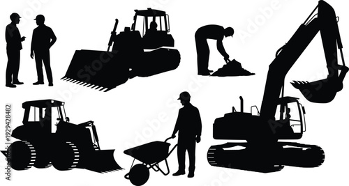 Construction silhouettes, workers and heavy machinery, bulldozer excavator tractor wheelbarrow, black illustration, building site equipment, industrial labor concept artwork