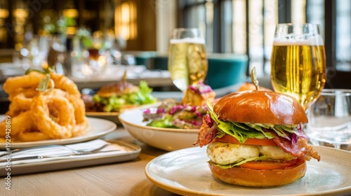 Chicken bacon burger with lettuce, tomato, cheese and onion rings on table in restaurant, juicy brioche bun gourmet fastfood meal with beer glasses and dishes front view dining concept