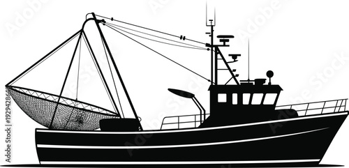 Fishing boat silhouette illustration, commercial vessel vector artwork, maritime industry design graphics, nautical icons collection, ocean livelihood symbol