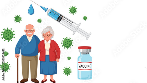 Elderly Couple with Vaccine Bottle Syringe and Virus Icons Coronavirus Vaccination Concept Vector Illustration Design