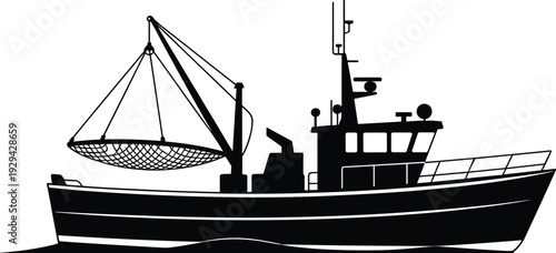 Fishing boat silhouette illustration, maritime industry vector artwork, commercial vessel design graphics, nautical icons collection, ocean livelihood symbol