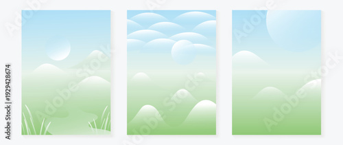 Spring and summer sky meadow vector background set with soft clouds, gentle gradients, and green hills. Peaceful fresh design for poster, web banner, wallpaper, presentation, and branding.