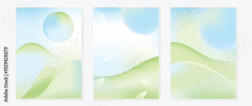 Spring and summer blue green landscape vector background set with soft gradient sky and rolling hills. Calm fresh design for poster, web banner, wallpaper, presentation, and branding.