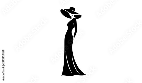 Black and white woman profile silhouette with wide brim hat timeless fashion vector illustration isolated on white