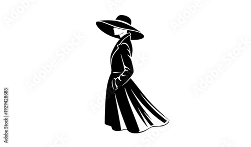 Elegant woman side profile with wide brim hat black and white silhouette fashion vector isolated on white background