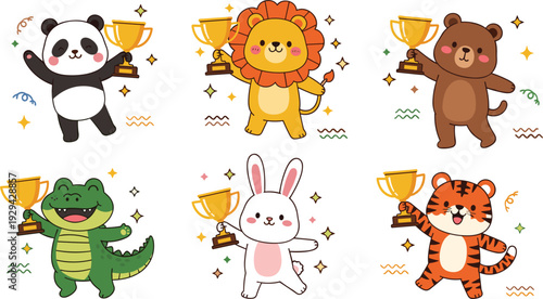 Cute Animals Holding Trophies, Panda, Lion, Bear, Crocodile, Rabbit, and Tiger in a Fun Celebration Design