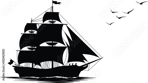 Historic sailing ship silhouette, nautical adventure scene with birds and rippling water, black illustration, maritime exploration, pirate voyage concept artwork