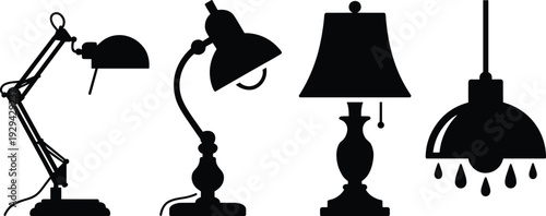 Lamp silhouettes illustration set, desk lamp vector artwork, table lighting design graphics, pendant light icons collection, decorative interior symbol