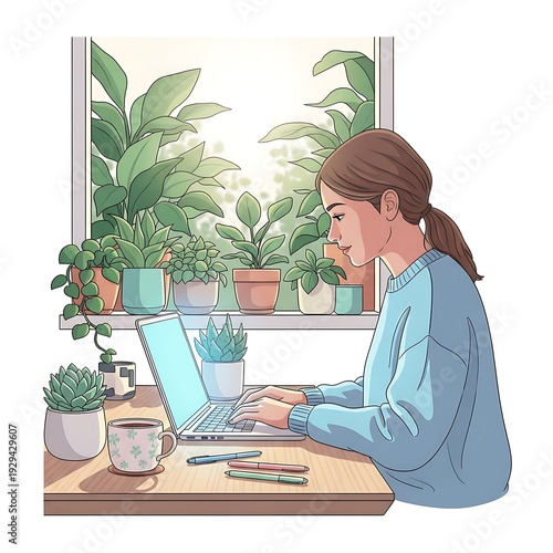 Woman working on laptop surrounded by plants on a wooden desk near a window.