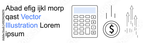 Financial planning, investment growth, profit calculation, business analysis, economic strategy, money management. Calculator, dollar coin and arrows. Financial planning and investment growth