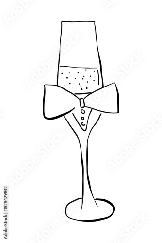 Whimsical drink sketch hand drawn. Wedding party groom champagne glass with bow. Coquette celebrate vector illustration isolated on white background