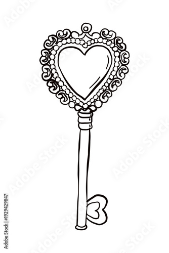 Hand drawn vintage sketch key. Engraved ancient key with ornaments. Vector illustration isolated on white