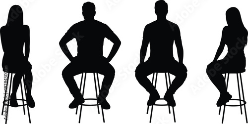 Seated silhouettes, people on stools, relaxed posture, male and female figures, forward facing, body language, casual design, human illustration