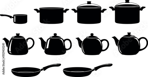 Kitchen cookware silhouette collection featuring pots, saucepans, kettles and frying pans, essential cooking utensils set isolated on white background for culinary and kitchen design