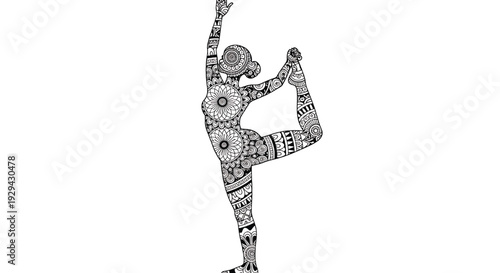 Woman yoga dancer pose with ornate zentangle floral patterns, black and white line art silhouette isolated on white
