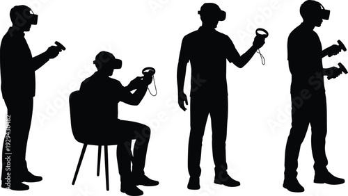 Virtual reality silhouettes, immersive VR headset experience, interactive gaming controllers, seated and standing users, futuristic technology lifestyle, digital entertainment concept