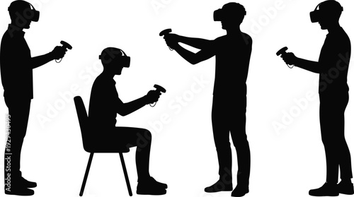 Virtual reality silhouettes, VR headsets, controllers, immersive technology, standing posture, seated figure, interactive design, gaming illustration, digital experience