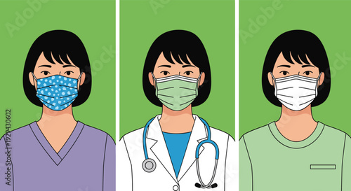 Women Wearing Protective Face Masks Including Doctor Nurse and Civilian for Healthcare Safety and Infection Prevention Vector Illustration